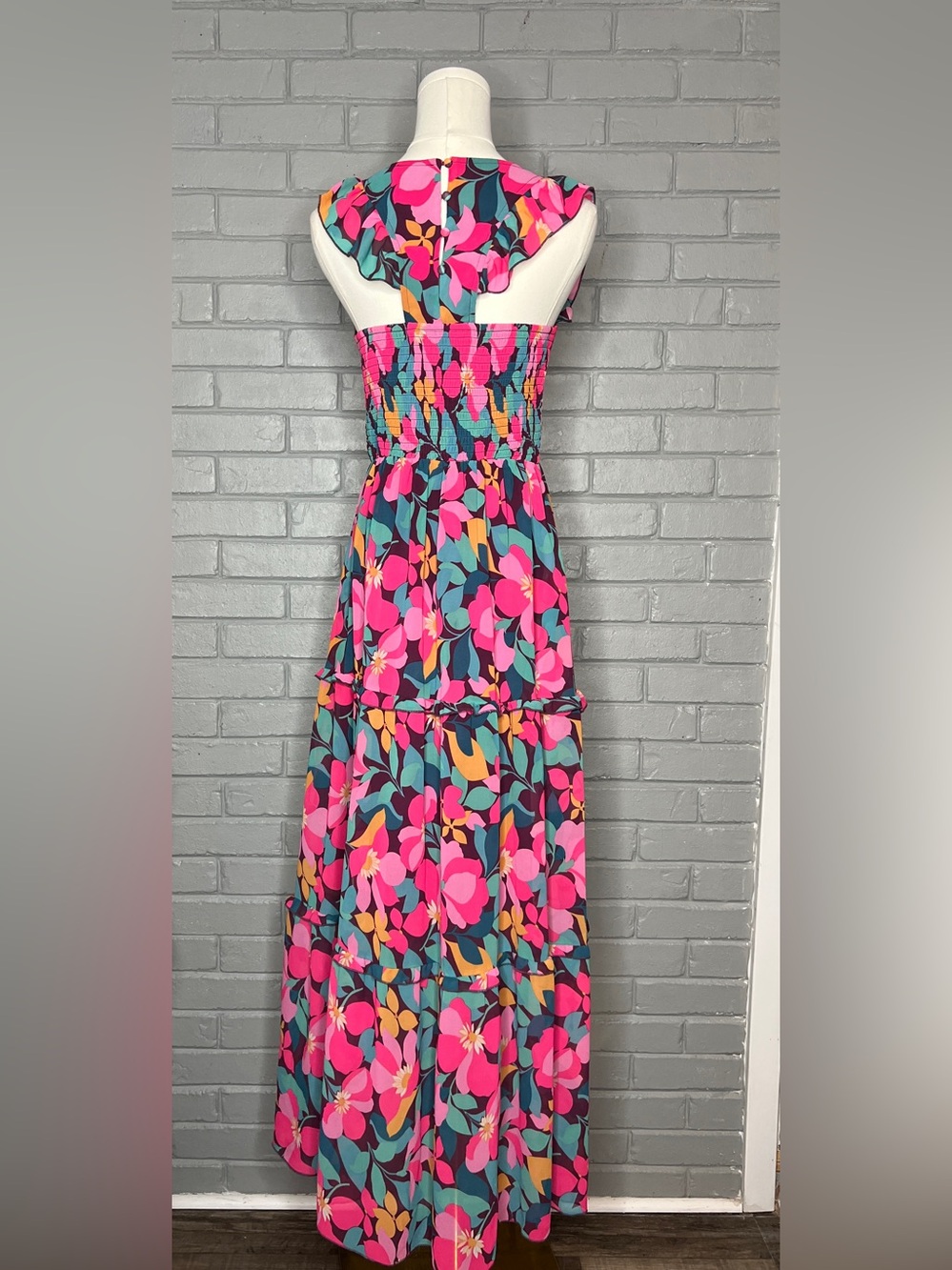 MELLODAY Multicolored Floral Maxi Tiered Dress With Smocked Detailing Size Small - Picture 11 of 16